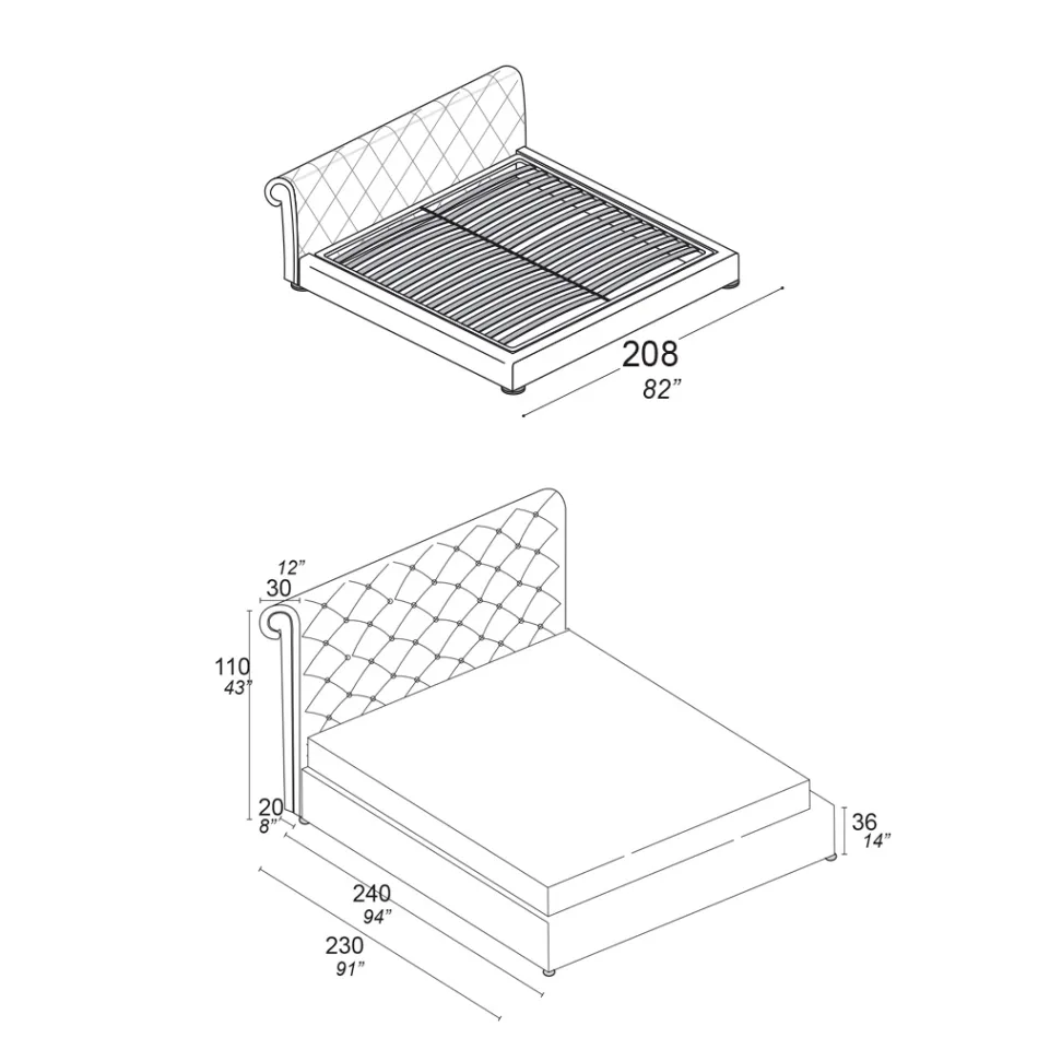 Double bed with capitonné padding and wooden feet - Briosco Viadurini