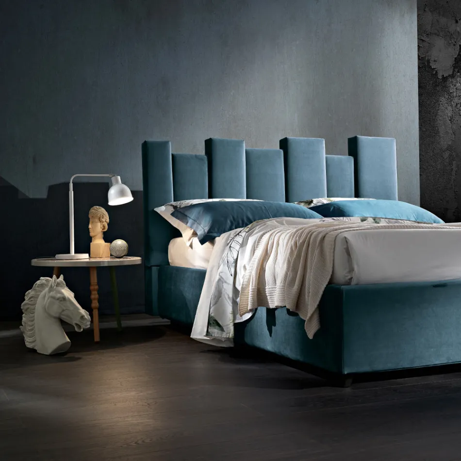 High Quality Modern Upholstered Design Double Bed in Blue or Grey - Kenzo Viadurini