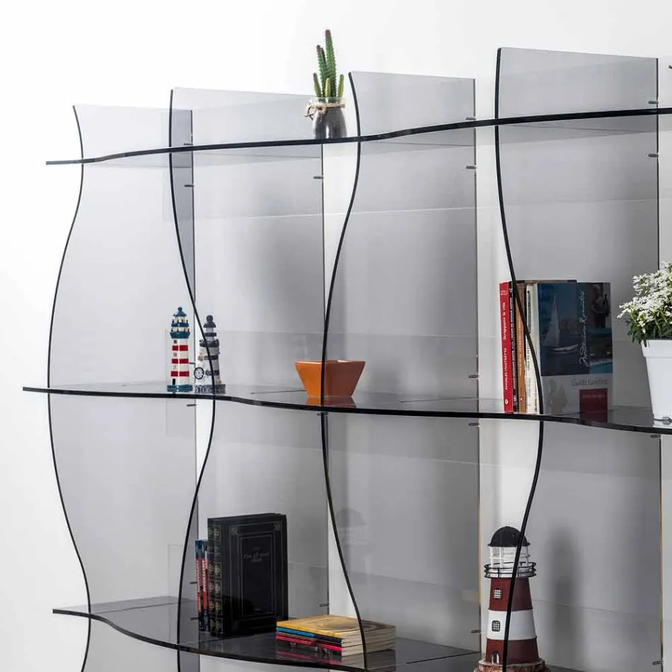 Contemporary carved wall / contemporary bookcase Pam fumé, made in Italy Viadurini