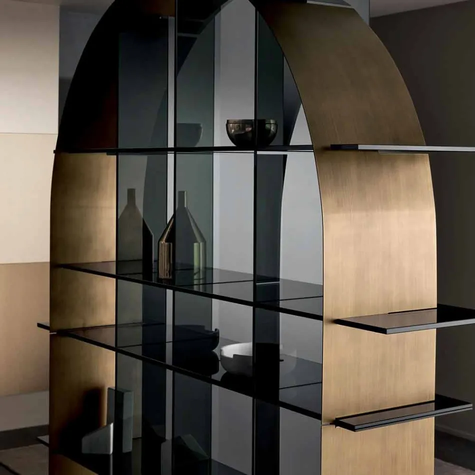 Freestanding Arched Bookcase in Smoked Glass and Brushed Bronze Design - Marco Viadurini