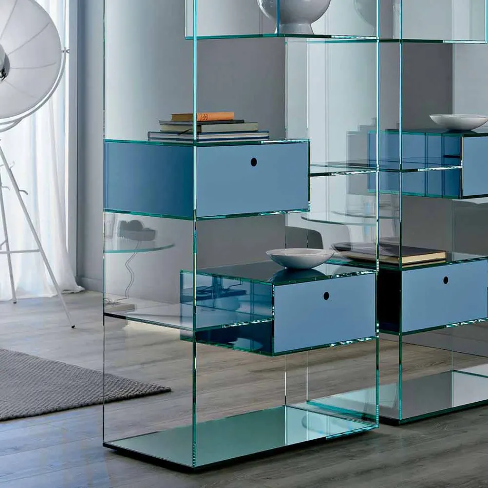 Double Extra-clear Glass Lounge Bookcase with or without Drawers - Linzy Viadurini