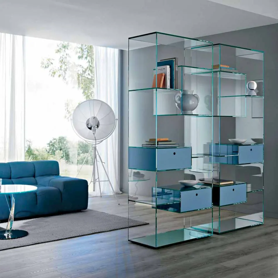Double Extra-clear Glass Lounge Bookcase with or without Drawers - Linzy Viadurini