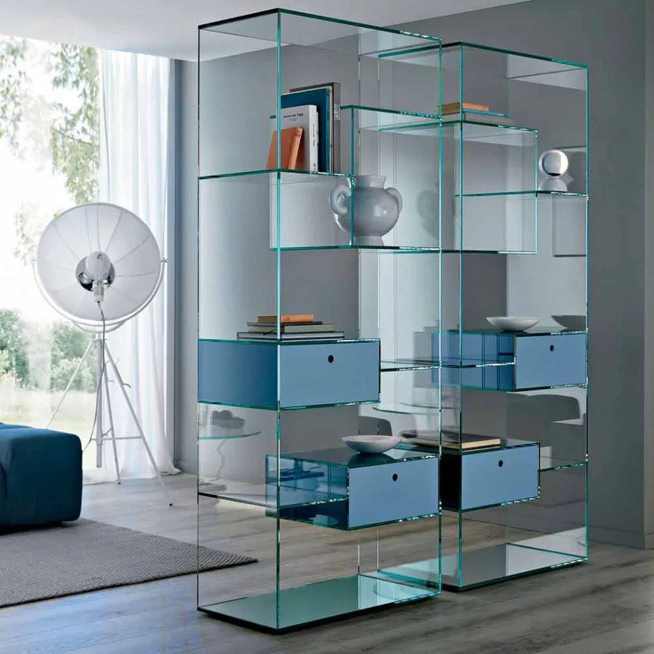 Double Extra-clear Glass Lounge Bookcase with or without Drawers - Linzy Viadurini