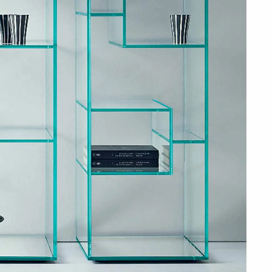 Single Column Bookcase in Extra-clear or Smoked Glass for Lounge - Linzy Viadurini