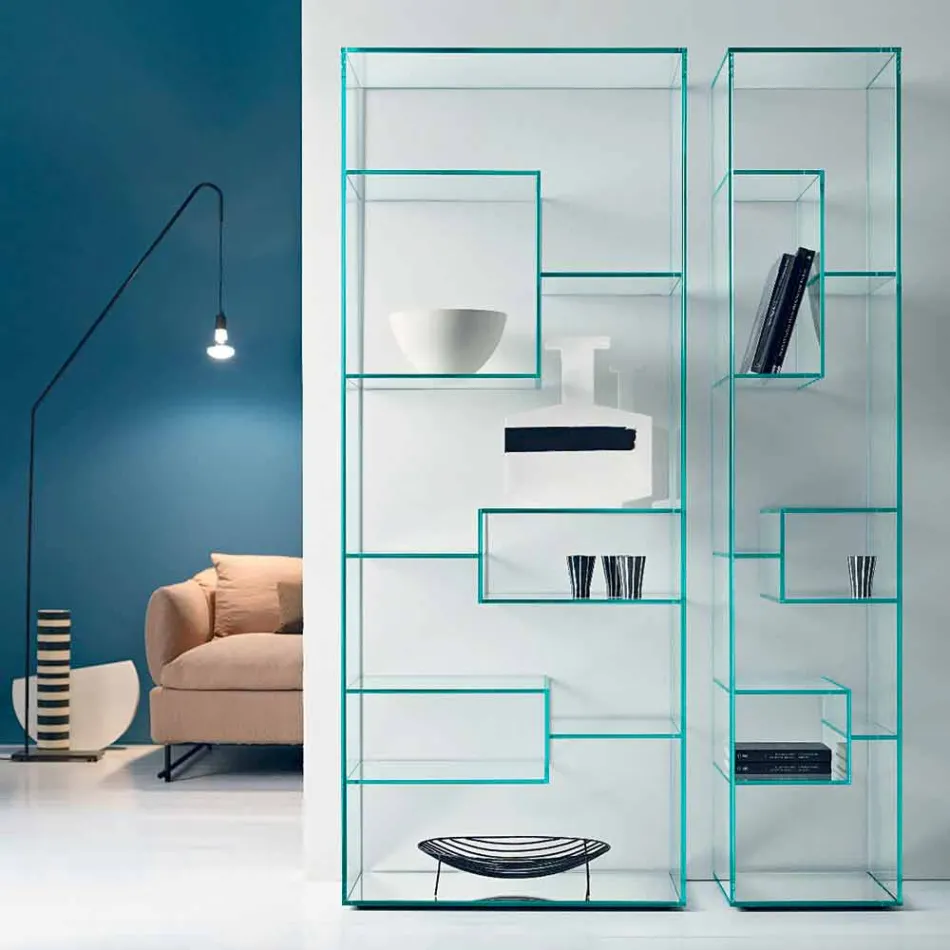 Single Column Bookcase in Extra-clear or Smoked Glass for Lounge - Linzy Viadurini