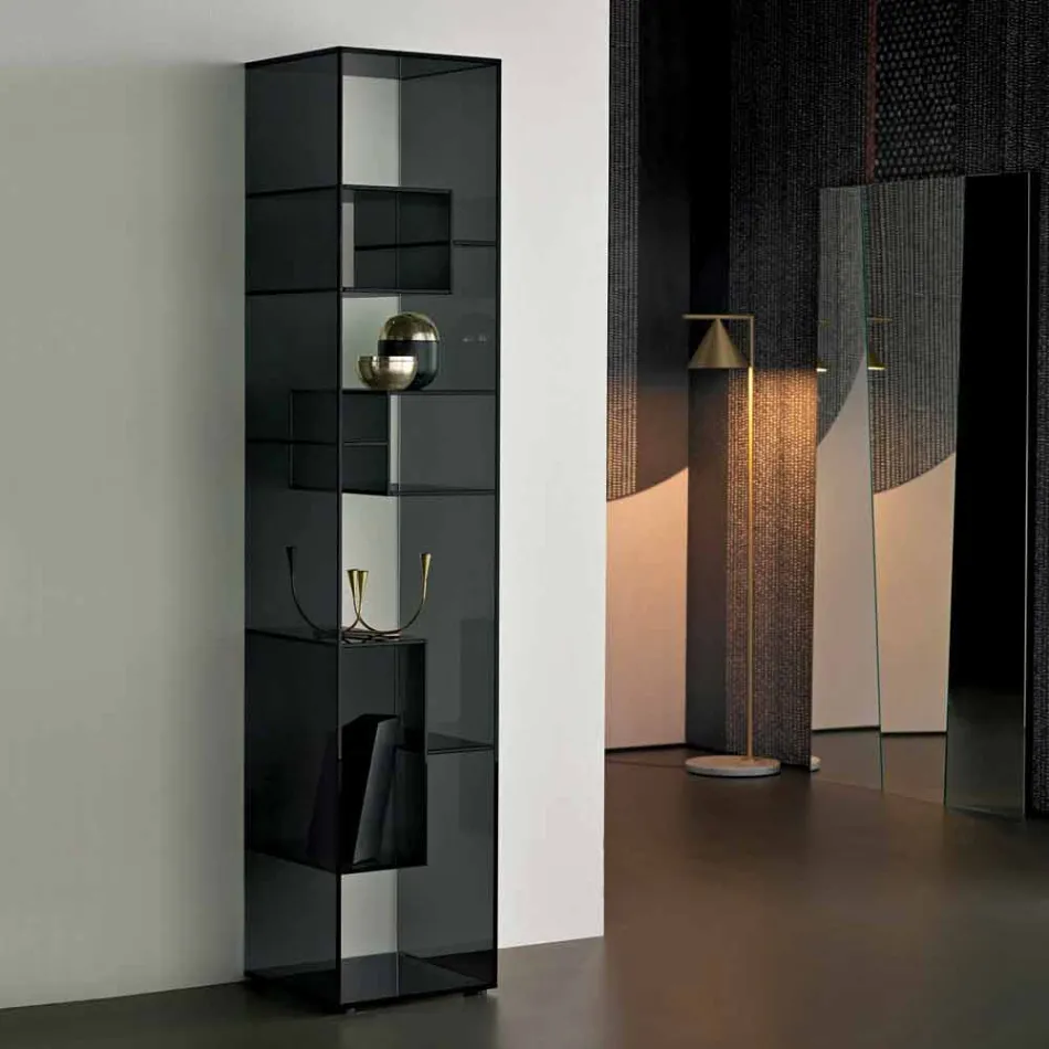 Single Column Bookcase in Extra-clear or Smoked Glass for Lounge - Linzy Viadurini