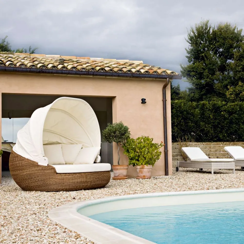 Garden Sun Lounger with Polyrattan Canopy - Colin Viadurini