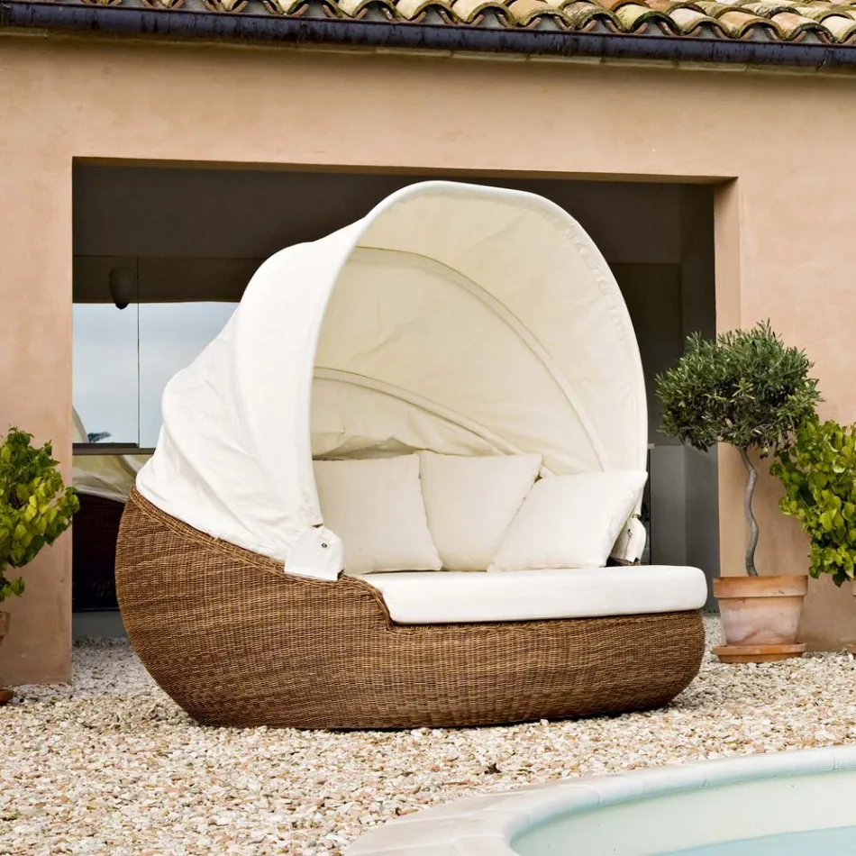 Garden Sun Lounger with Polyrattan Canopy - Colin Viadurini