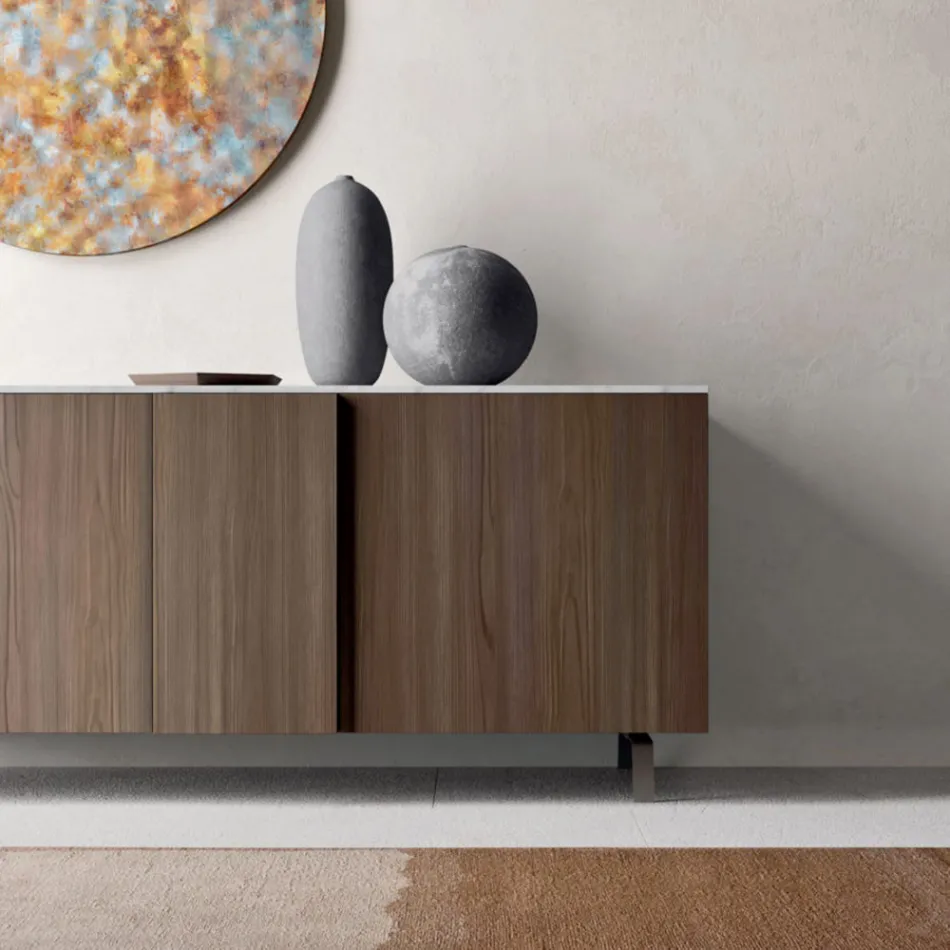 Sideboard with 2 Doors for Lounge, in Ecological Wood and Metal Top in Marble - Brown Viadurini