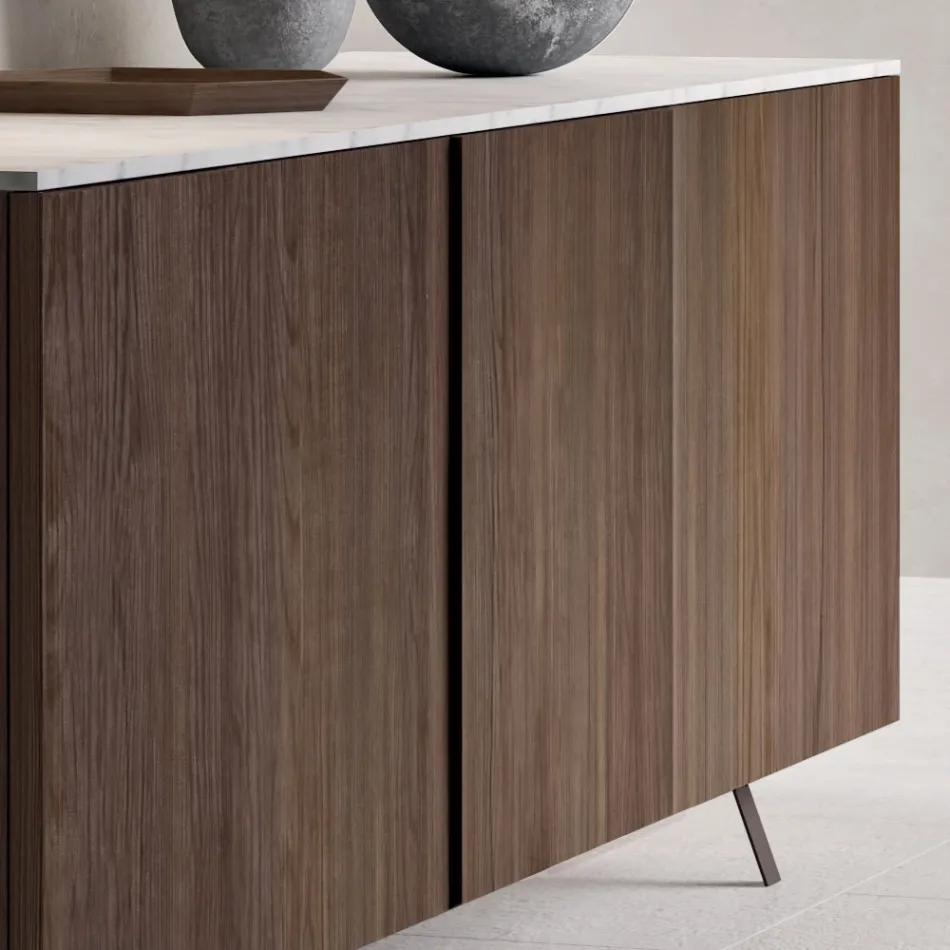 Sideboard with 2 Doors for Lounge, in Ecological Wood and Metal Top in Marble - Brown Viadurini