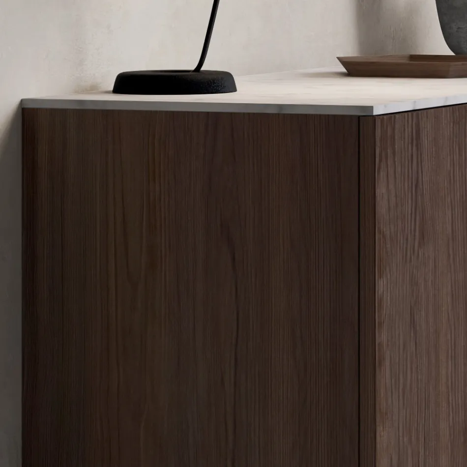 Sideboard with 2 Doors for Lounge, in Ecological Wood and Metal Top in Marble - Brown Viadurini