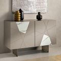 Sideboard with 2 Doors in Lacquered Pantographed MDF and Marble-Effect Glass Inserts - Danila