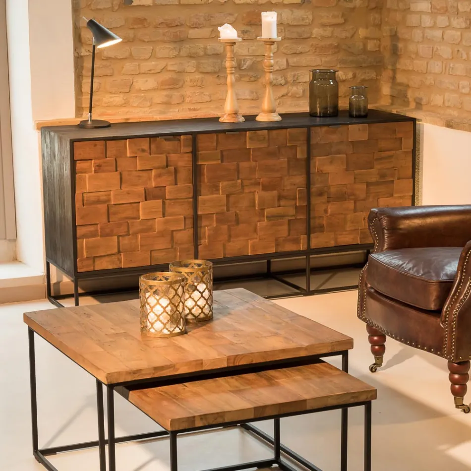 Sideboard with 3 Doors in Patchwork Recycled Wood and Metal Structure - Slide Viadurini