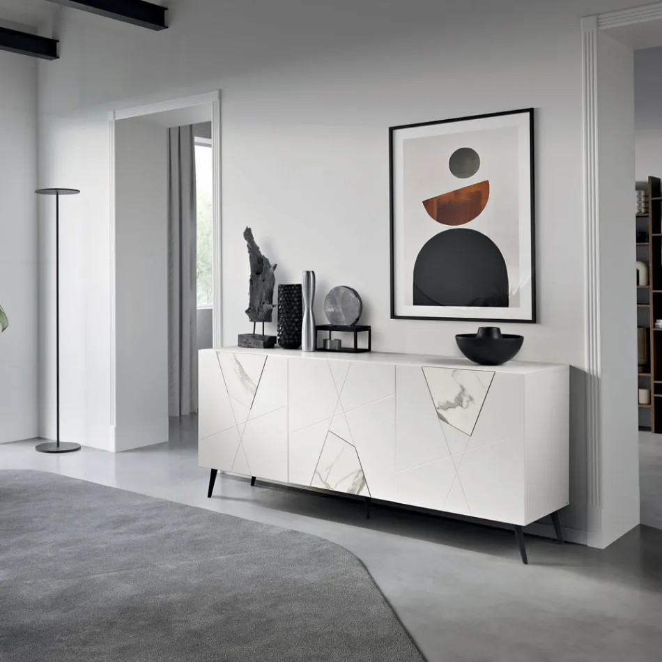 Sideboard with 3 Doors in Lacquered MDF with Pantograph and Marble Effect Glass Inserts - Danila Viadurini