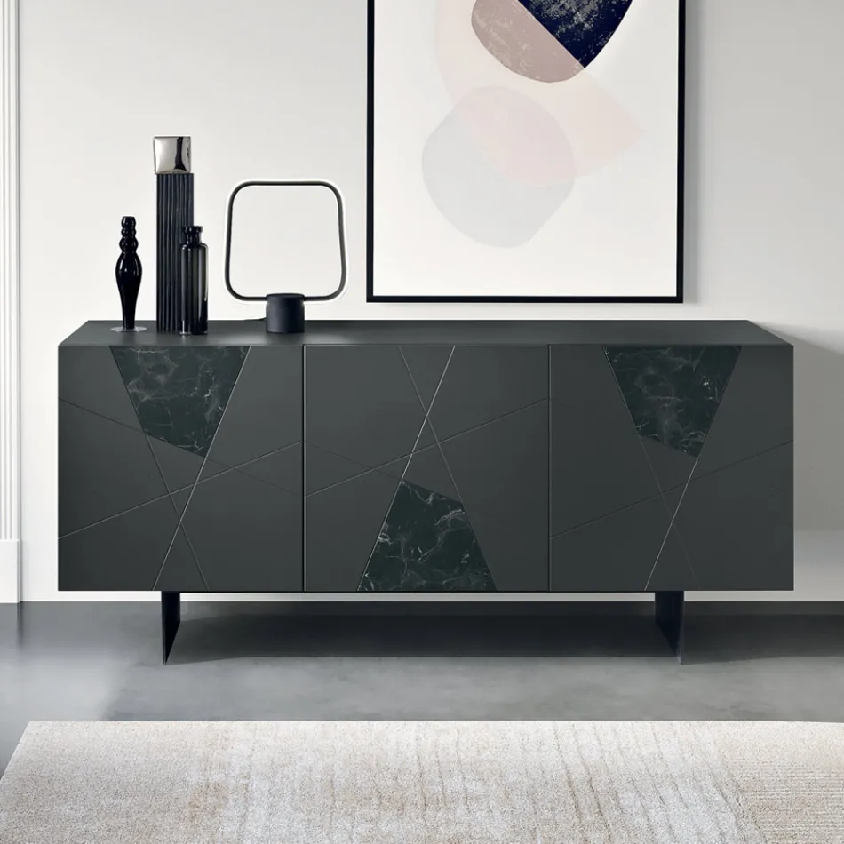 Sideboard with 3 Doors in Lacquered MDF with Pantograph and Marble Effect Glass Inserts - Danila Viadurini