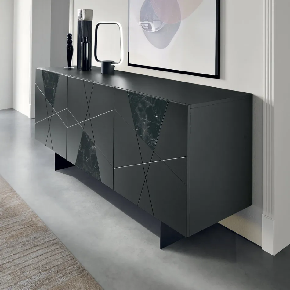 Sideboard with 3 Doors in Lacquered MDF with Pantograph and Marble Effect Glass Inserts - Danila Viadurini