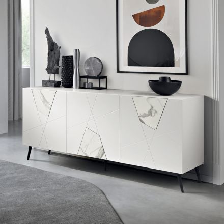 Sideboard with 3 Doors in Lacquered MDF with Pantograph and Marble Effect Glass Inserts - Danila Viadurini