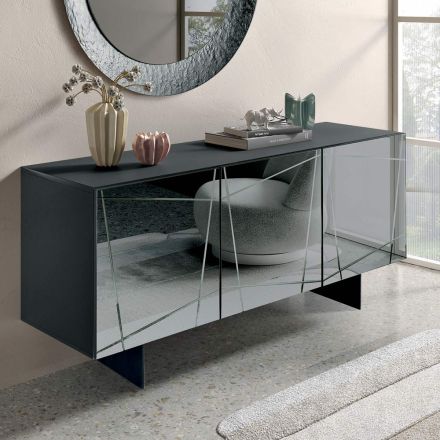 Sideboard with 3 Mirrored Glass Doors and Metal Base - Eleonora Viadurini