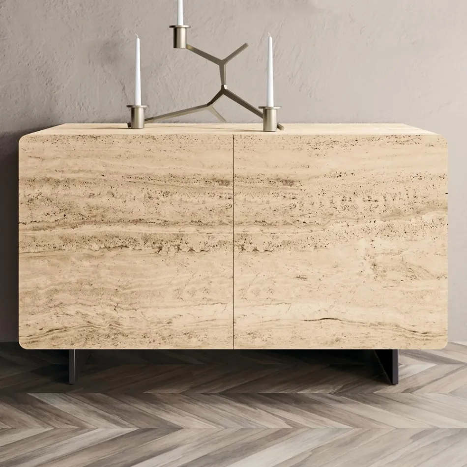 Lounge Sideboard with 2 Doors in Travertine Marble Finish Made in Italy - Jon Viadurini