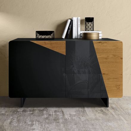 Lounge sideboard with 2 doors in Country Knotted Oak and Anthracite Glass finish - Ove Viadurini