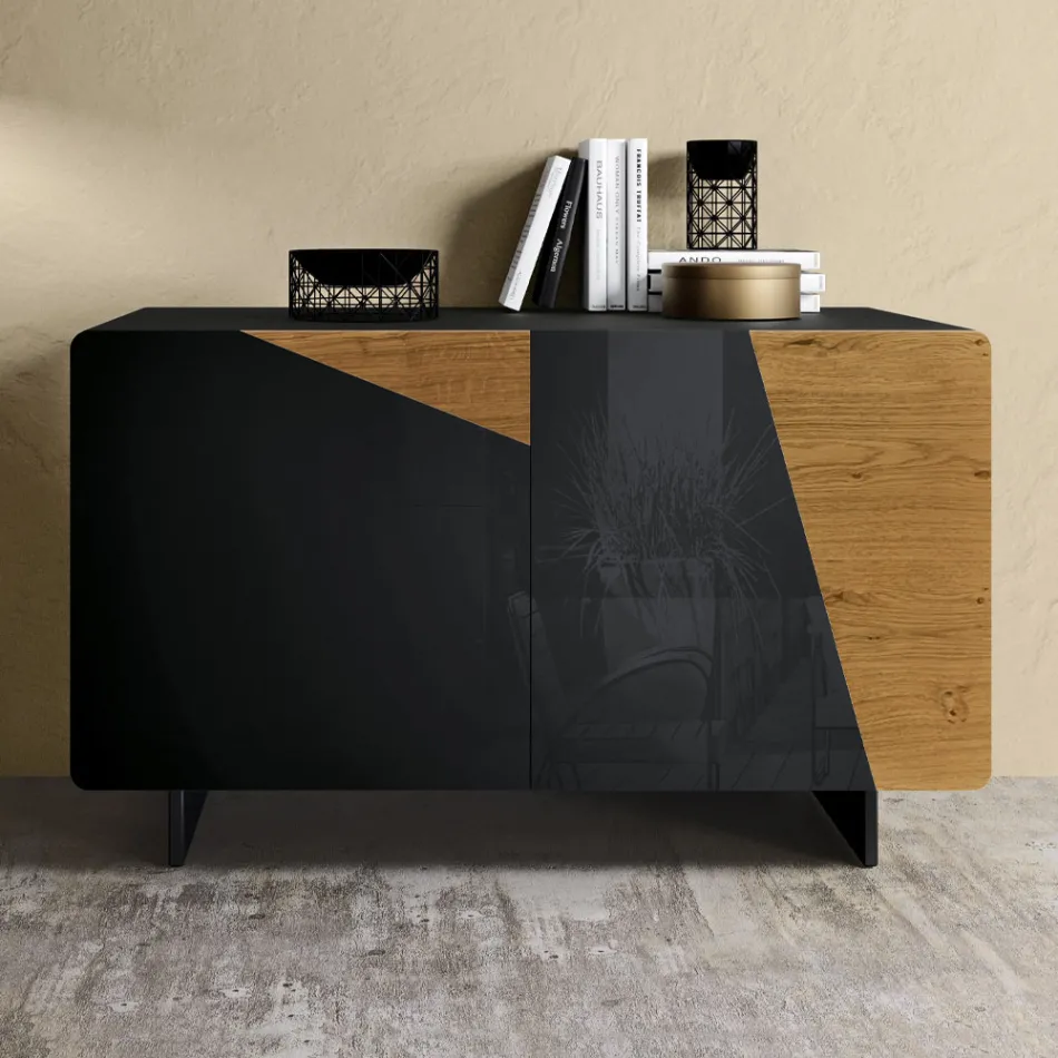 Lounge sideboard with 2 doors in Country Knotted Oak and Anthracite Glass finish - Ove Viadurini