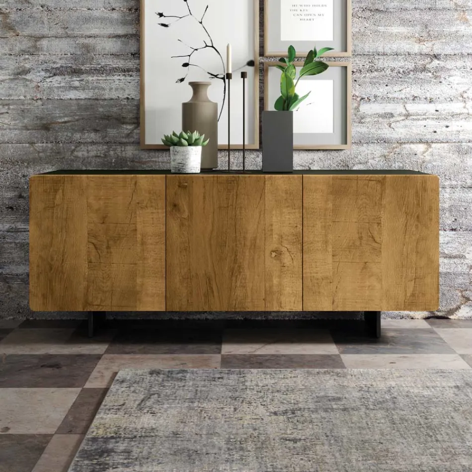 Lounge Sideboard with 3 Doors in Knotted Oak Finish Country Made in Italy - Arne Viadurini