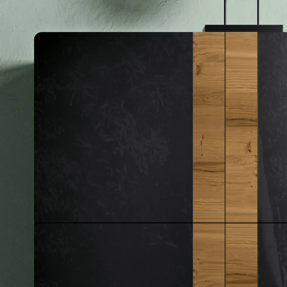 Lounge Sideboard with 4 Doors in Country Knotted Oak Finish and Anthracite Glass - Ove Viadurini