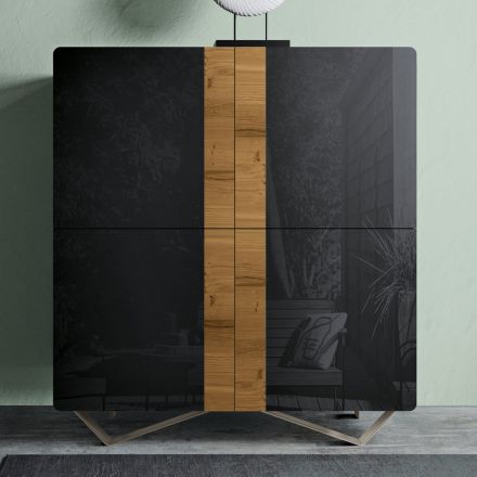 Lounge Sideboard with 4 Doors in Country Knotted Oak Finish and Anthracite Glass - Ove Viadurini