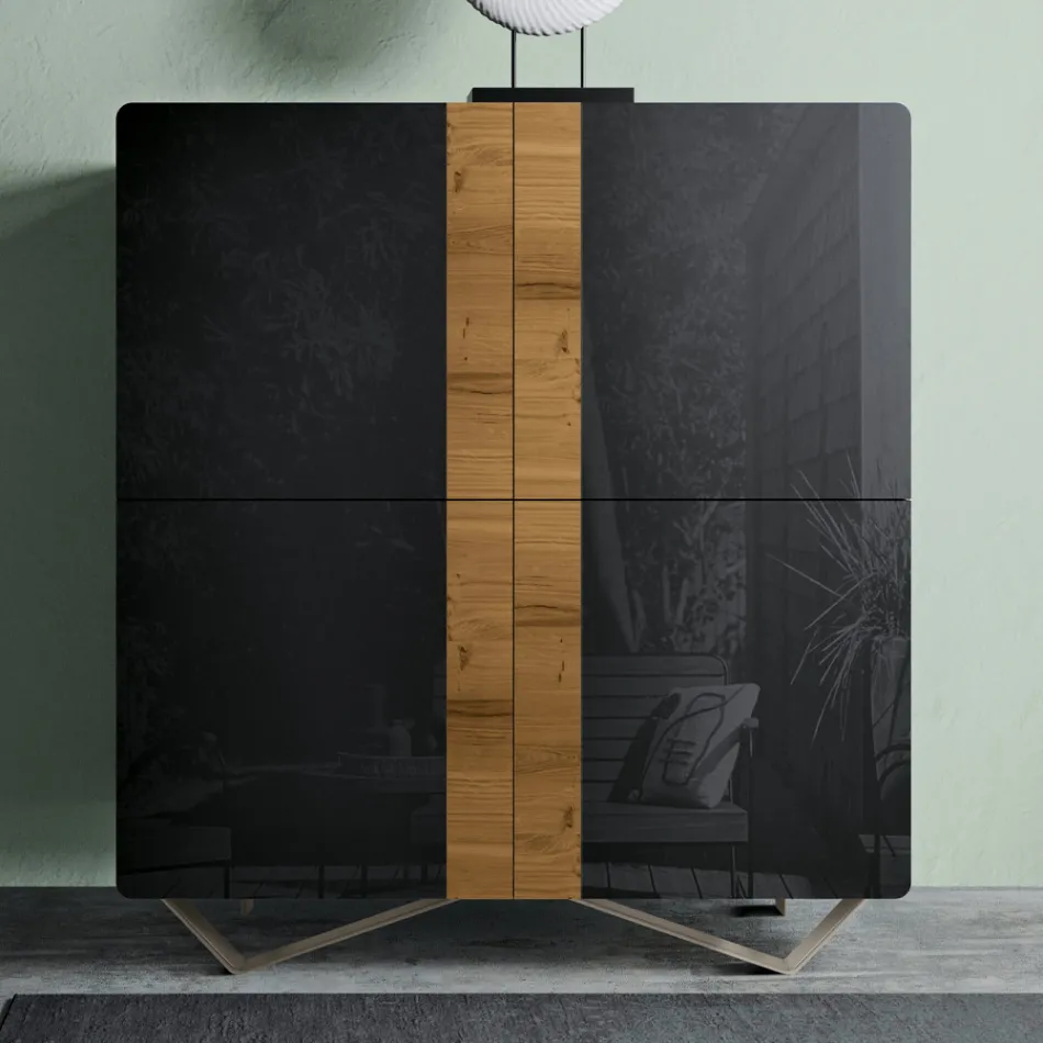 Lounge Sideboard with 4 Doors in Country Knotted Oak Finish and Anthracite Glass - Ove Viadurini