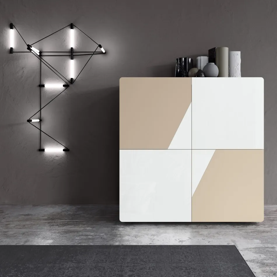 Lounge Sideboard with 4 Doors in White Glass and Mink Finish Made in Italy - Eva Viadurini