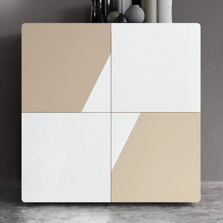 Lounge Sideboard with 4 Doors in White Glass and Mink Finish Made in Italy - Eva Viadurini