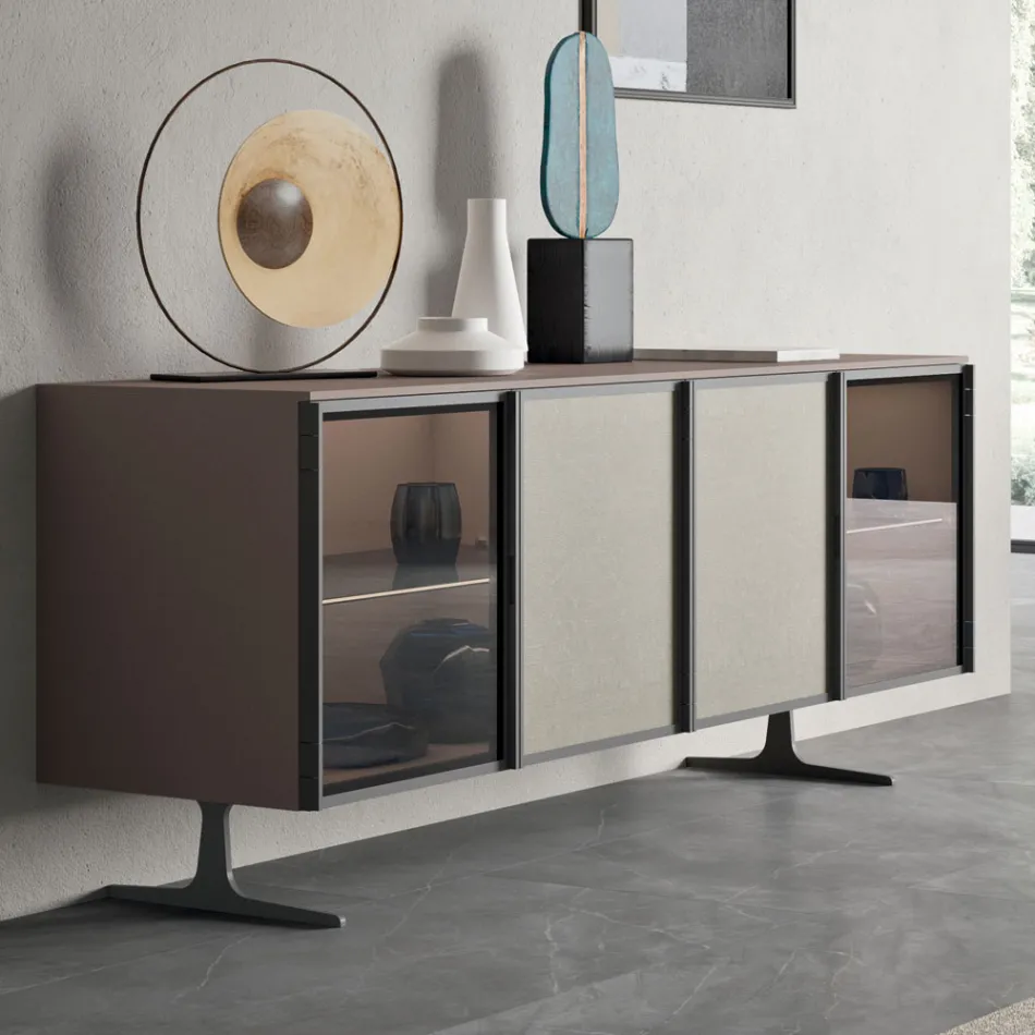 Lounge Sideboard in Ecological Wood and Glass 4 Doors Made in Italy - Aaron Viadurini