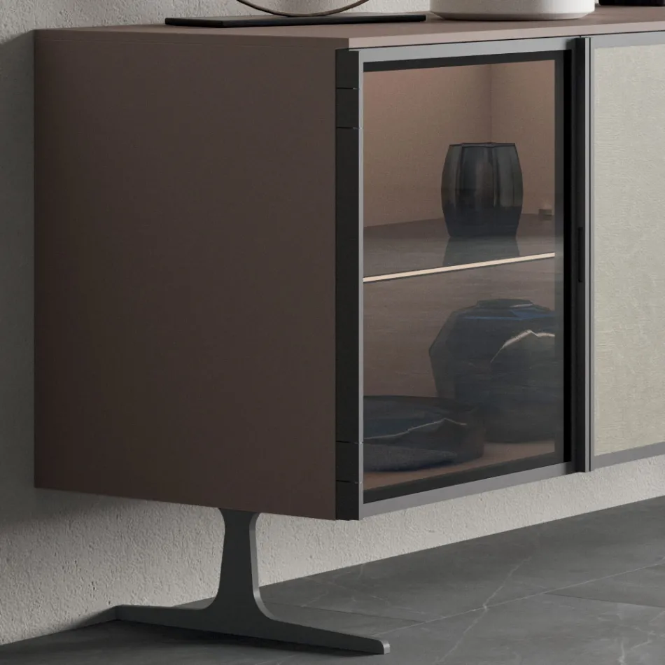Lounge Sideboard in Ecological Wood and Glass 4 Doors Made in Italy - Aaron Viadurini