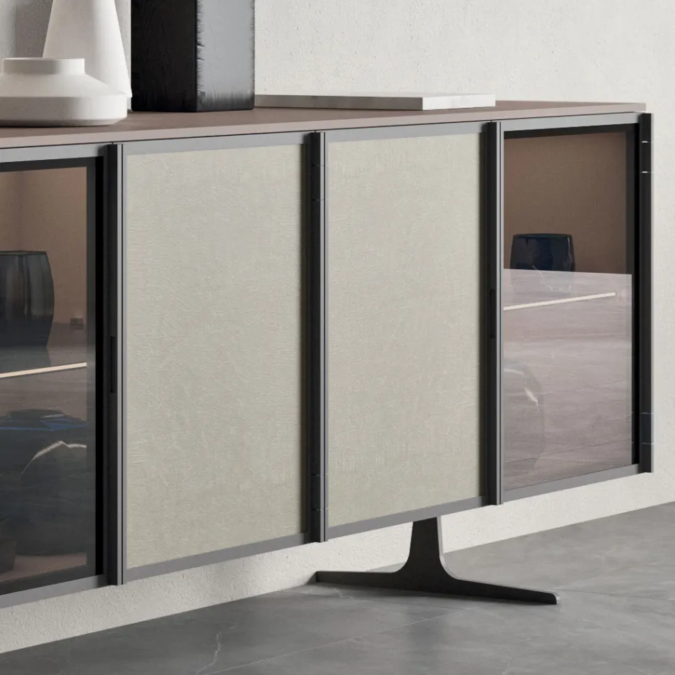 Lounge Sideboard in Ecological Wood and Glass 4 Doors Made in Italy - Aaron Viadurini