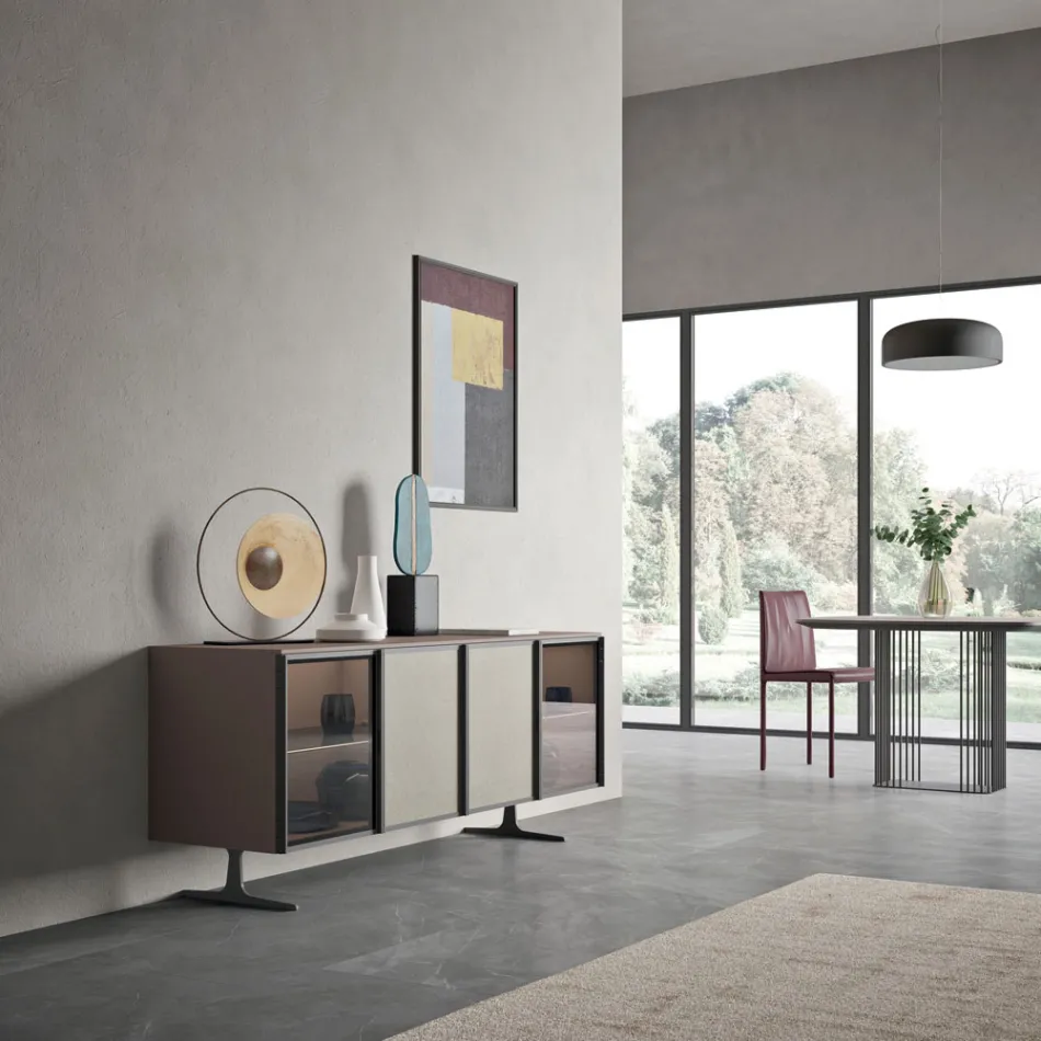 Lounge Sideboard in Ecological Wood and Glass 4 Doors Made in Italy - Aaron Viadurini