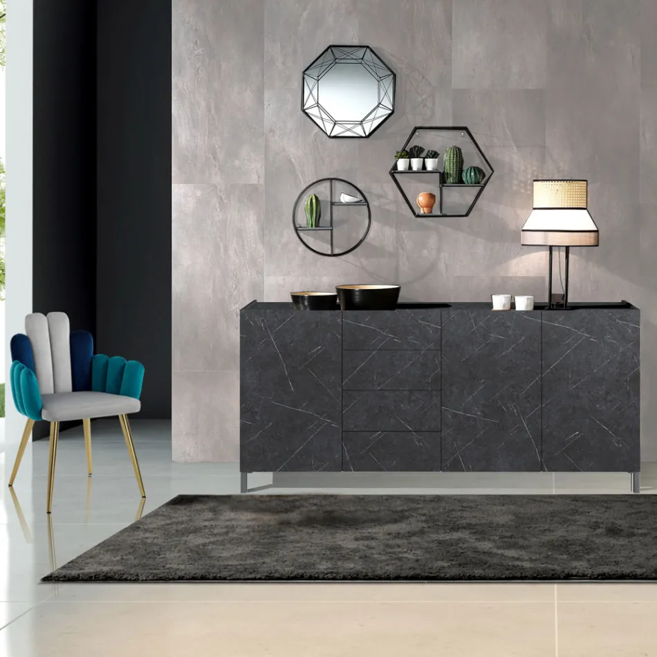 Lounge Sideboard Covered in Melamine Marble Finish Made in Italy - Zinc Viadurini