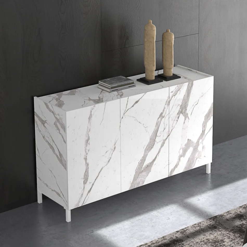 Lounge Sideboard Covered in Melamine Marble Finish Made in Italy - Zinc Viadurini