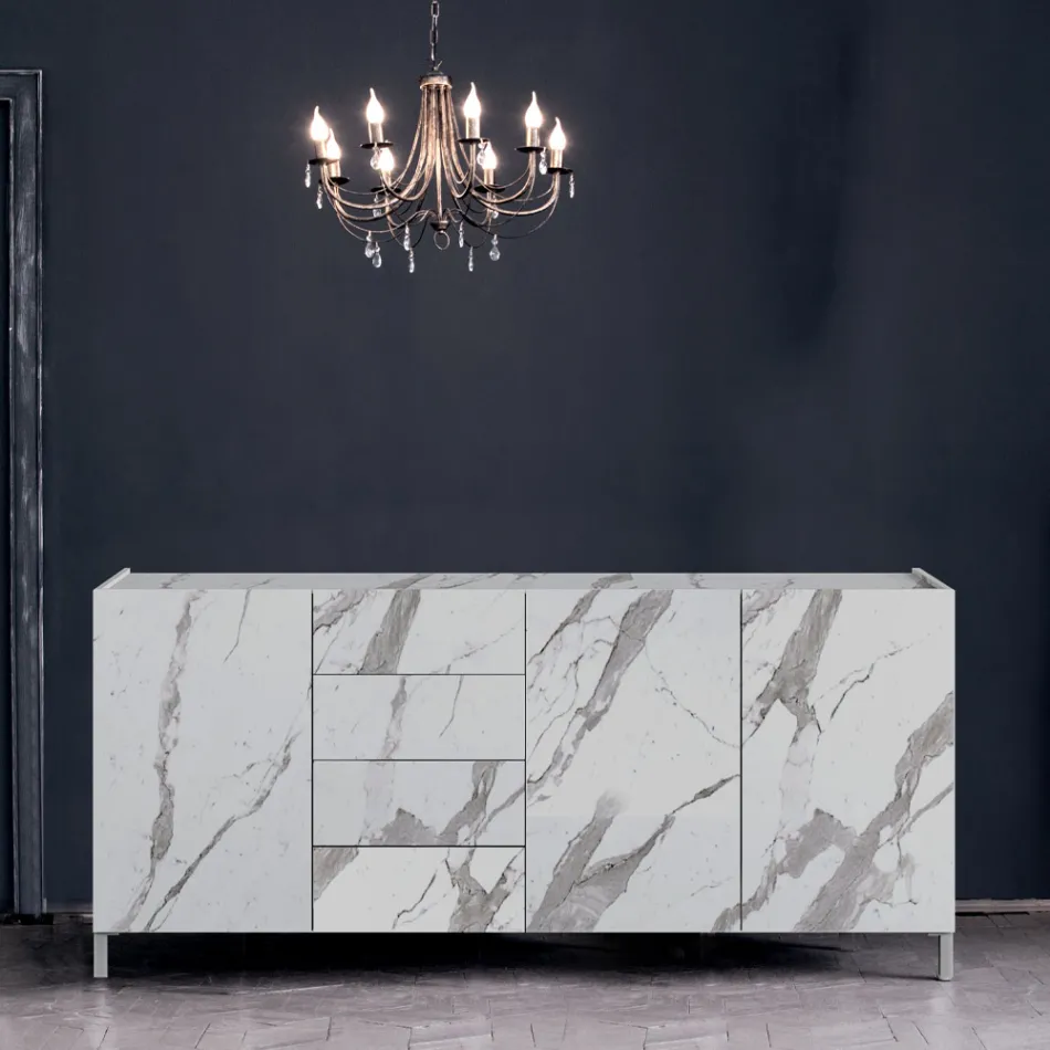 Lounge Sideboard Covered in Melamine Marble Finish Made in Italy - Zinc Viadurini