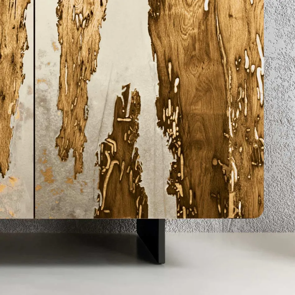 Lounge Sideboard with 3 Doors in Oak and Resin Finish Saturn - Lars Viadurini