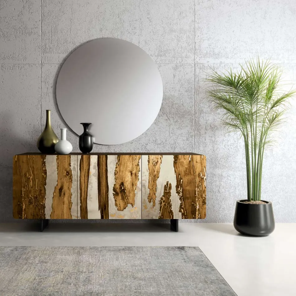 Lounge Sideboard with 3 Doors in Oak and Resin Finish Saturn - Lars Viadurini