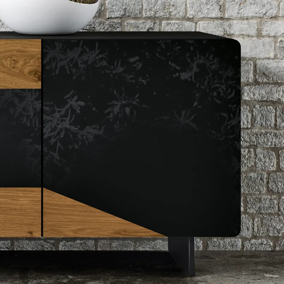 Lounge Sideboard with 3 Doors in Country Knotted Oak Finish and Anthracite Glass - Ove Viadurini