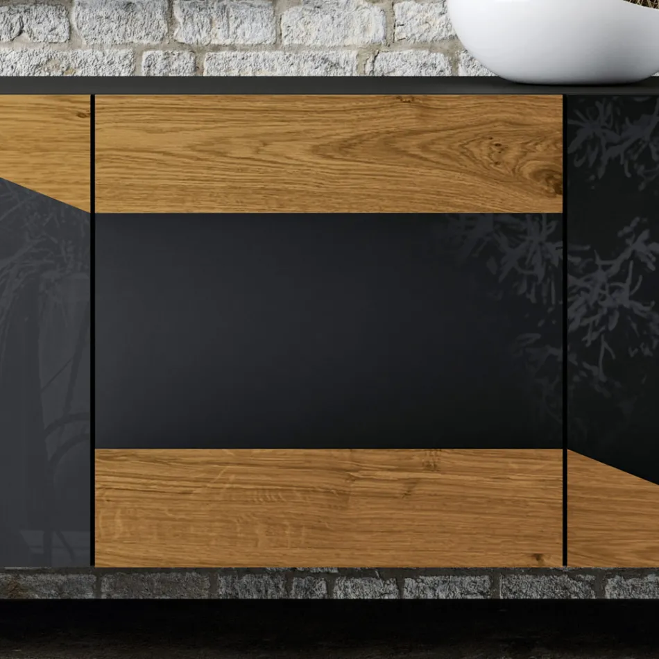 Lounge Sideboard with 3 Doors in Country Knotted Oak Finish and Anthracite Glass - Ove Viadurini