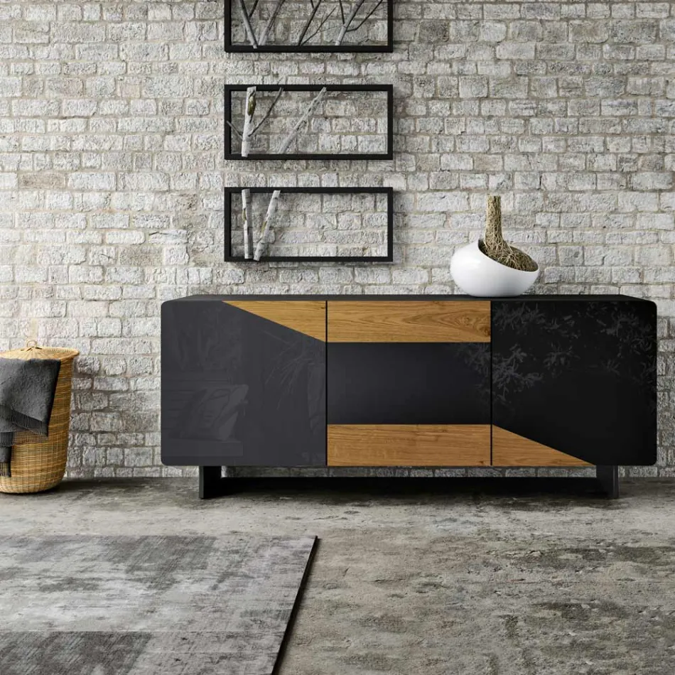 Lounge Sideboard with 3 Doors in Country Knotted Oak Finish and Anthracite Glass - Ove Viadurini