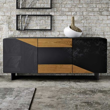 Lounge Sideboard with 3 Doors in Country Knotted Oak Finish and Anthracite Glass - Ove Viadurini