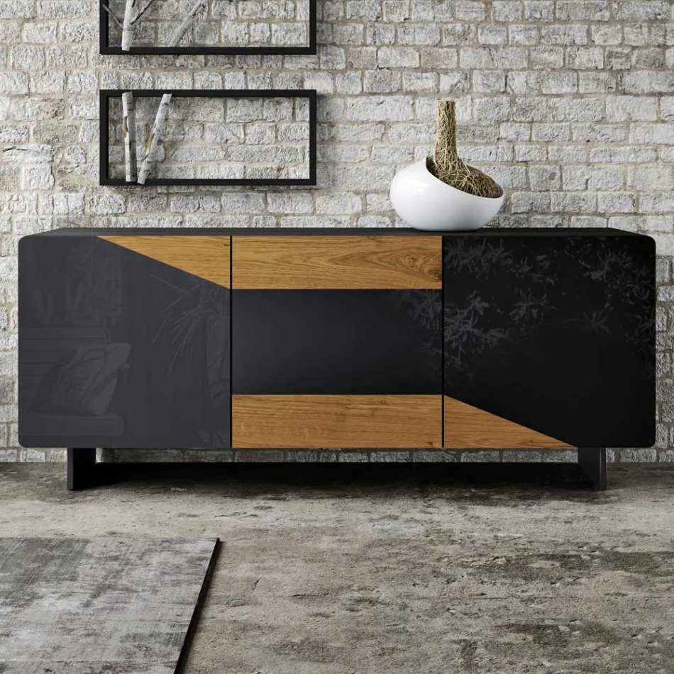 Lounge Sideboard with 3 Doors in Country Knotted Oak Finish and Anthracite Glass - Ove Viadurini