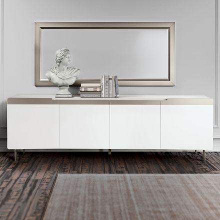 Lounge Sideboard with 4 MDF Doors White and Nickel Finish Made in Italy - Emie Viadurini
