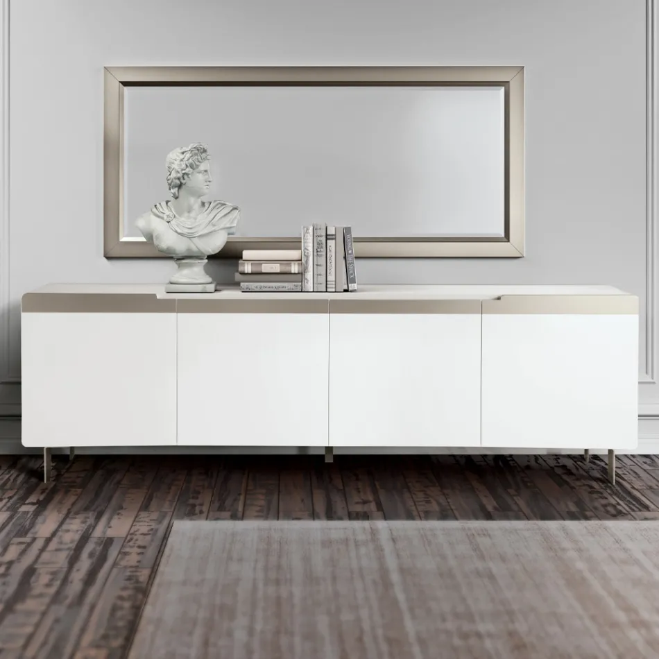 Lounge Sideboard with 4 MDF Doors White and Nickel Finish Made in Italy - Emie Viadurini