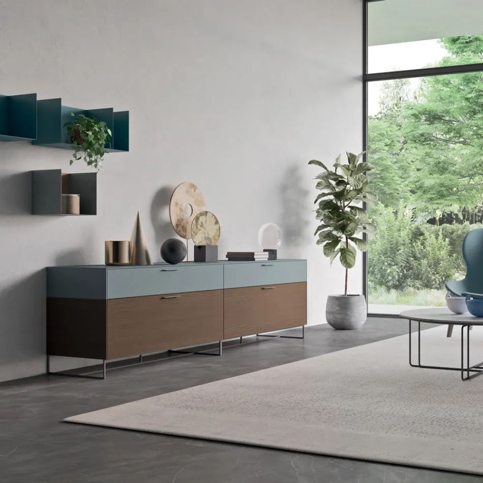Lounge Sideboard in Ecological Wood with Drawers and Lacquered Top - Tamara Viadurini