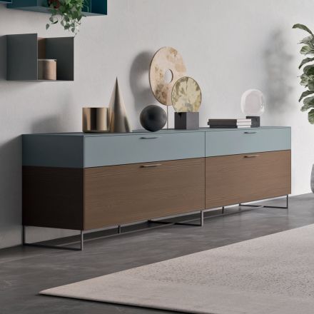 Lounge Sideboard in Ecological Wood with Drawers and Lacquered Top - Tamara Viadurini