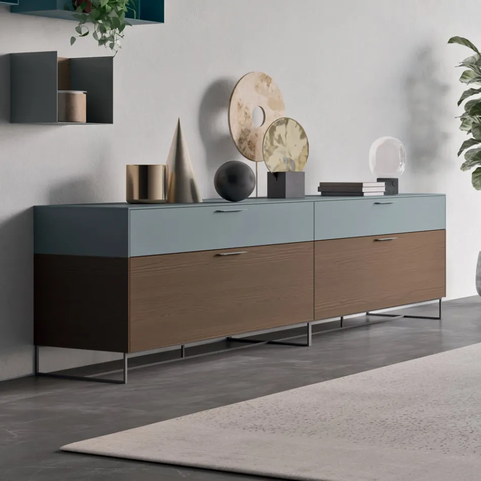 Lounge Sideboard in Ecological Wood with Drawers and Lacquered Top - Tamara Viadurini